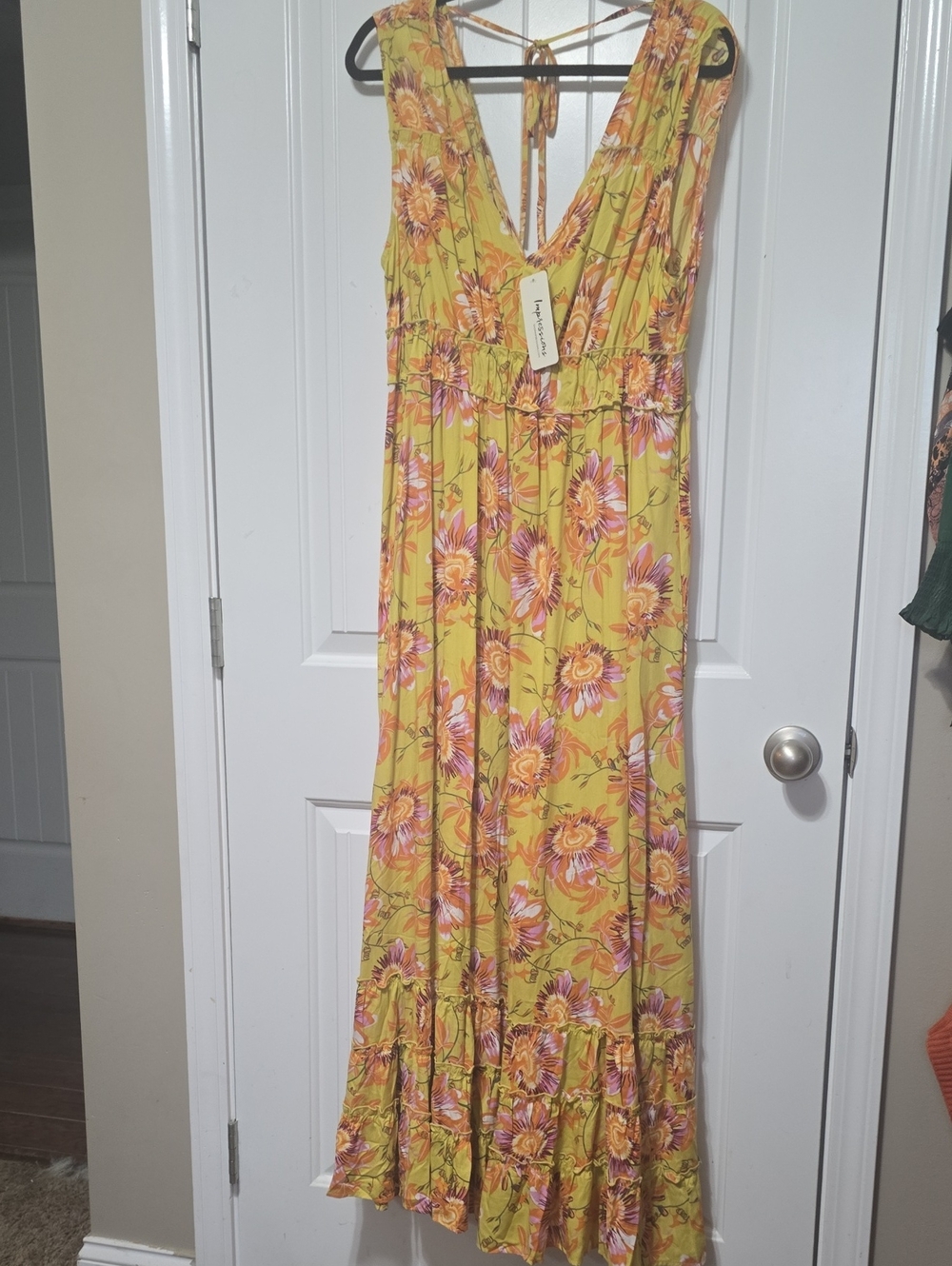 Impressions Yellow Floral Maxi Dress with V-Neck and Tie Back